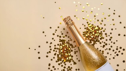 A golden champagne bottle lies on a beige surface with scattered shiny gold confetti in the shape of stars and circles. Sparkling and festive mood. Celebration and elegance. - Powered by Adobe