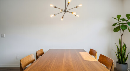Dining Room with Wooden Table and Modern Chandelier Lighting