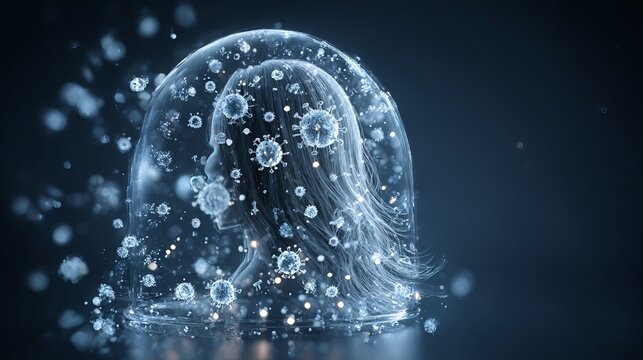 A protective dome shields hair, skin cells, and internal organs above medical symbols, representing the immune system's defense. It safeguards against viruses and bacteria