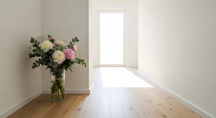 A delicate bouquet of pink and white peonies in a glass vase on a wooden floor, illuminated by bright natural light from a doorway