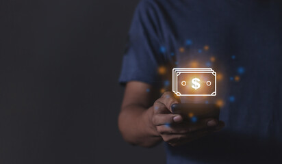 Young man with smartphone hand holding to visualize money growth The phone screen displays graphs and charts showing increasing investment and savings trends, along with an increased account balance