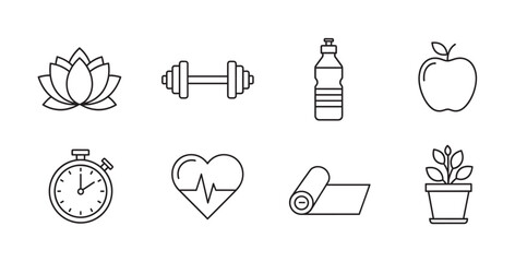 Fototapeta premium Simple black outline vector icons of wellness items including a lotus flower, dumbbell, water bottle, apple, stopwatch, heart, yoga mat, and potted plant.