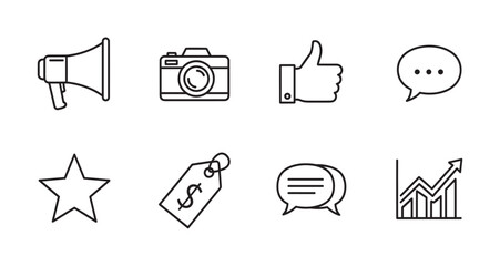Fototapeta premium Set of seven black outline icons including a megaphone, camera, thumbs up, chat bubble, star, price tag, and growth chart.