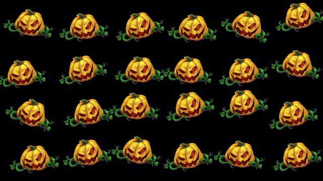 A festive pattern featuring numerous cartoon-style jack-o'-lanterns with playful expressions, surrounded by green vines, set against a dark background.