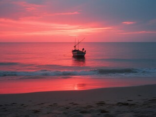 Obraz premium Boat on the beach at sunrise