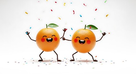 A pair of dancing oranges having fun, confetti around them, cute on white background