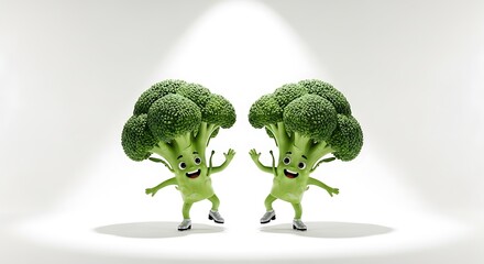 A pair of broccoli twins doing synchronized dance, with spotlight on white background