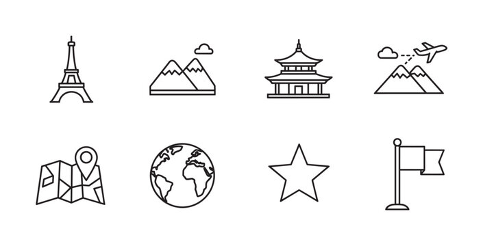 Black outline icons including eiffel tower, mountains, asian pagoda, airplane over peaks, map with pin, globe, star, and a flag on a pole.