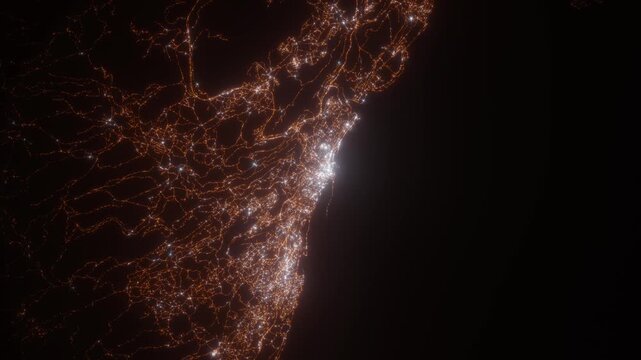 Rijeka (Croatia) top view at night. View on modern city from satellite. Camera is zooming in, rotating counterclockwise. Vertical video. The north is on the left side