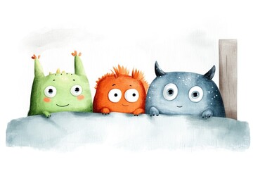 Obraz premium Colorful friendly monsters peeking over a barrier with playful expressions