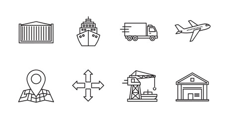Fototapeta premium Black outline icons representing various transportation and logistics elements including shipping containers, cargo ships, trucks, airplanes, and cranes.