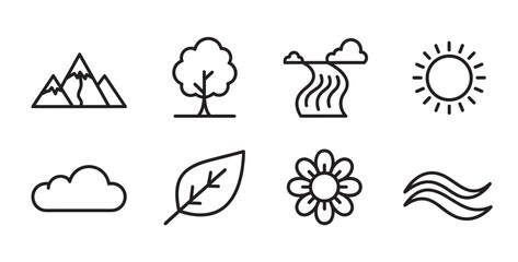 Naklejka premium Eight simple black outline icons depicting natural elements including a mountain, tree, waterfall, sun, cloud, leaf, flower, and waves.