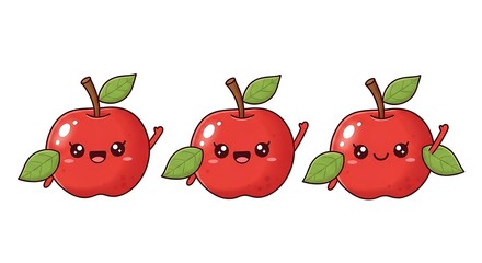 Three adorable apples waving and smiling on white background