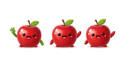 Three adorable apples waving and smiling on white background