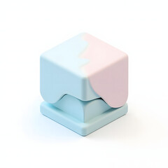 Minimalist geometric composition featuring a soft pastel cube with organic, melting layers isolated on a white background