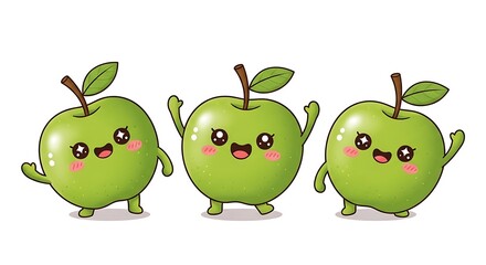 Three adorable green apples waving and smiling on white background, kawaii style