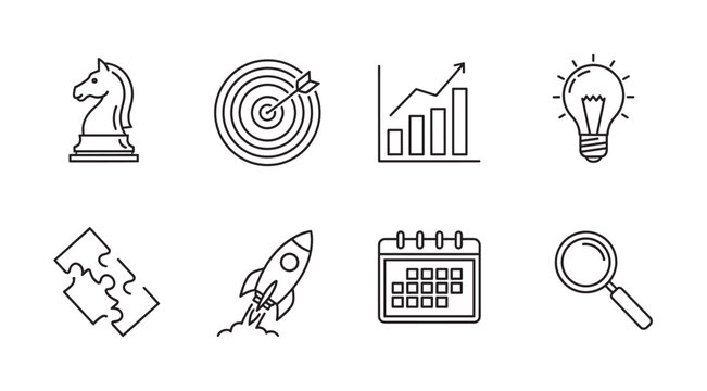 Set of eight simple black outline icons including a knight chess piece, target with arrow, rising graph, light bulb, puzzle pieces, rocket, calendar, and magnifying glass.