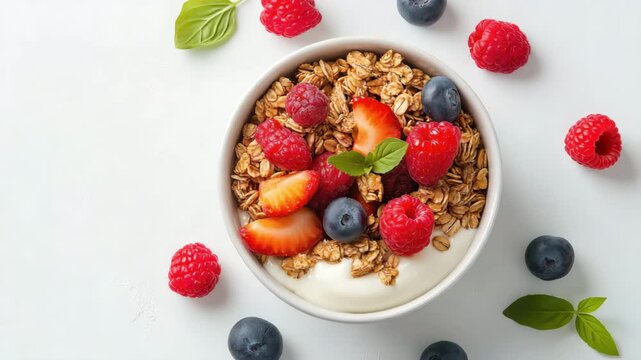 Top view of a white bowl filled with creamy yogurt, crunchy granola, and fresh berries on white background. Strawberries, raspberries and blueberries. Healthy and vibrant breakfast.