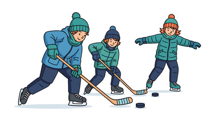 Obraz premium Ice Hockey Fun: Three young children are engrossed in a dynamic ice hockey game, showcasing teamwork and sportsmanship. They wield hockey sticks and pucks with youthful exuberance.