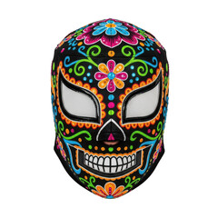 A colorful day of the dead mask, decorated with floral patterns and glitter, isolated on a transparent background