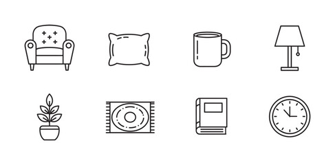 Fototapeta premium A collection of eight black outline icons depicting a cozy armchair, soft pillow, coffee mug, desk lamp, potted plant, decorative rug, hardcover book, and wall clock.