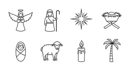 Black outline icons depicting an angel, shepherd, star, manger, swaddled infant, sheep, candle, and palm tree, symbolizing traditional christmas nativity elements.