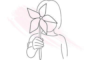 Minimalist single line drawing a child holding a pinwheel with  brush strokes vector