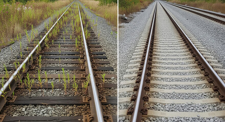 Fototapeta premium Overgrown railway tracks compared to fully restored rail line