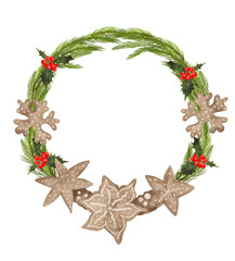 Watercolor illustration of a coniferous Christmas wreath with gingerbread cookies and red holly berries. Hand-drawn.