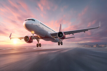 Fototapeta premium A dramatic close-up shot of a passenger airplane (jetliner) at the moment of takeoff or landing, seen from the runway level. Aircraft is set against a spectacular sunset or sunrise sky with clouds