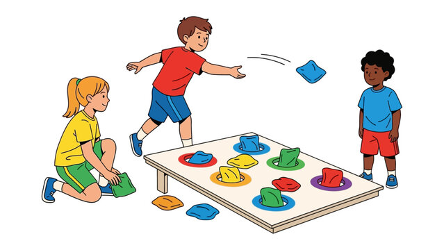Kids play bean bag toss game: Illustration of three children playing bean bag toss game. children are focused on bean bag toss game and their concentration shows their enthusiasm