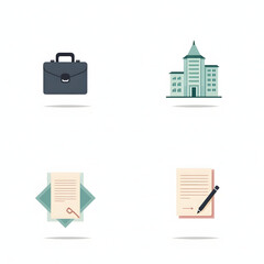 Set of four business-related icons including a briefcase, building, signed document, and paper with pencil