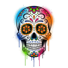 Colorful sugar skull with spray paint effect and dripping paint, isolated on transparent background