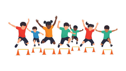 Kids Jumping Over Hurdles: A group of energetic children, diverse in background, leaping with joy over miniature hurdles, embodying energy and sportsmanship.
