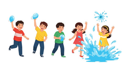 Fototapeta premium Fun in the Water: A group of children is in the midst of a playful water balloon fight, with a splash of water, laughter, and joy filling the air. 