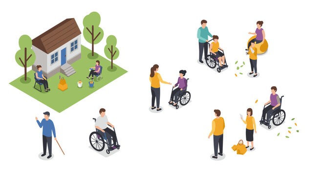 Isometric office workspace with laptops and charts for business and productivity concepts