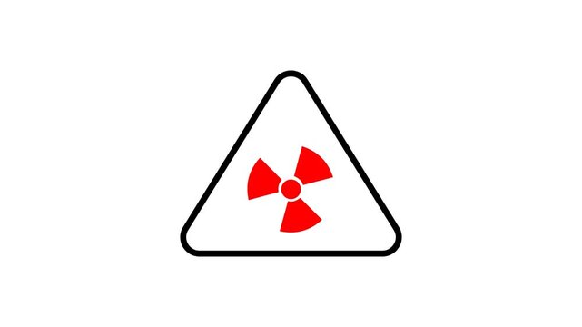 Nuclear radiation warning sign animation on white background. red trefoil symbol black triangle, minimal motion graphics with ALPHA