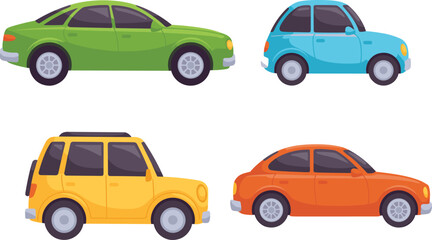 Colorful cartoon cars collection, set of modern compact and sedan vehicles, isolated vector illustration, automobile design for kids and education