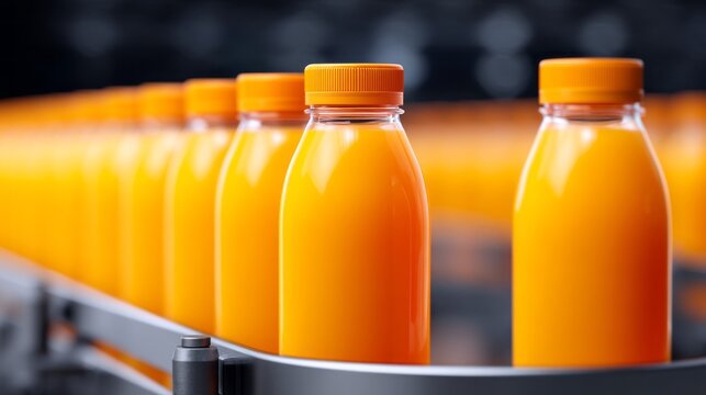 Bright orange juice bottles are neatly arranged on a production line in a busy factory. Workers nearby ensure quality and speed as the beverages are prepared for shipment - Powered by Adobe