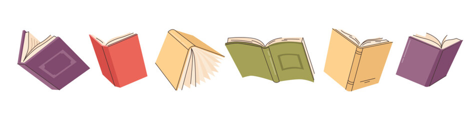 Book or publication for lessons and classes, university or college disciplines. Vector set of modern printed works. Obtaining knowledge and studying, isolated textbook with open pages