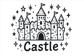 Fototapeta premium Medieval Castle Doodle. Doodle medieval castle with stars, towers, and sparkles, center word “Castle” in black and white isolated