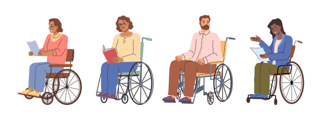 Disability and inability to walk, isolated male and female characters on wheelchairs reading books. Women and man in chairs, patients of hospital or clinics, rehabilitation and treatment