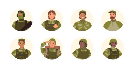 Portraits of armed forces people different nationalities, isolated icons of army characters. Vector men and women in defense uniform. Military, soldiers and employees of combatants units