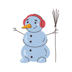 Christmas character wearing warm clothes, holding broomstick. Vector in flat style, xmas personage, sticker or emoticon with hands branches and carrot nose. Winter seasonal fun and festivity