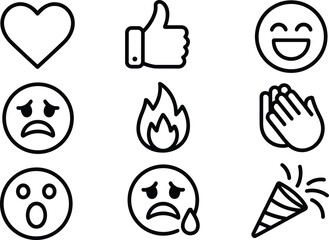 Emoji icon collection showing heart, smile, cry, fire, clap, sad, shock, and celebration symbols, vector line style illustration
