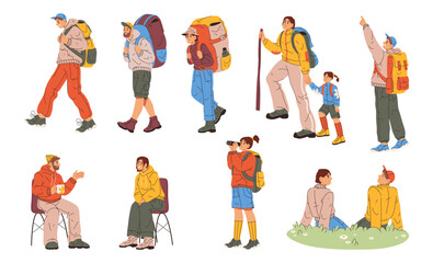 Fototapeta premium Hiking and camping people traveling and exploring nature. Vector in flat style, isolated men and women, father and kid walking on hilly and mountain landscapes. Summer hobby and activity lifestyle