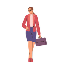 Female personage wearing formal clothes and carrying briefcase in hands walking calmly. Vector isolated businesswoman going to work or meeting. Strolling person, confident cartoon character