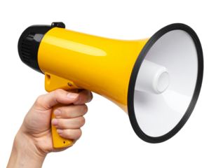 Hand Holding Yellow and Black Megaphone at an Angle, realistic shadow, isolated on transparent background