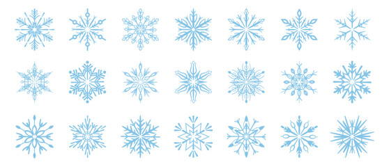 Crystal snowflakes with different ornaments. Vector in flat style, isolated set of stylized frozen water patterns. Ornamental snow flakes with carious rounded shapes. Winter weather decor