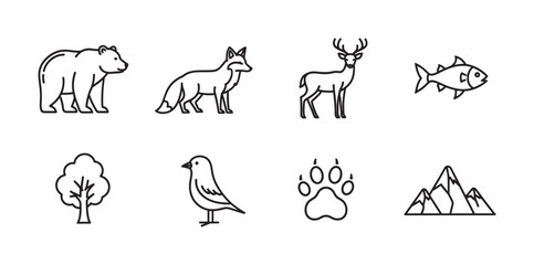 Fototapeta premium Black outline vector icons of various animals and nature elements, including a bear, fox, deer, fish, tree, bird, paw print, and mountains.